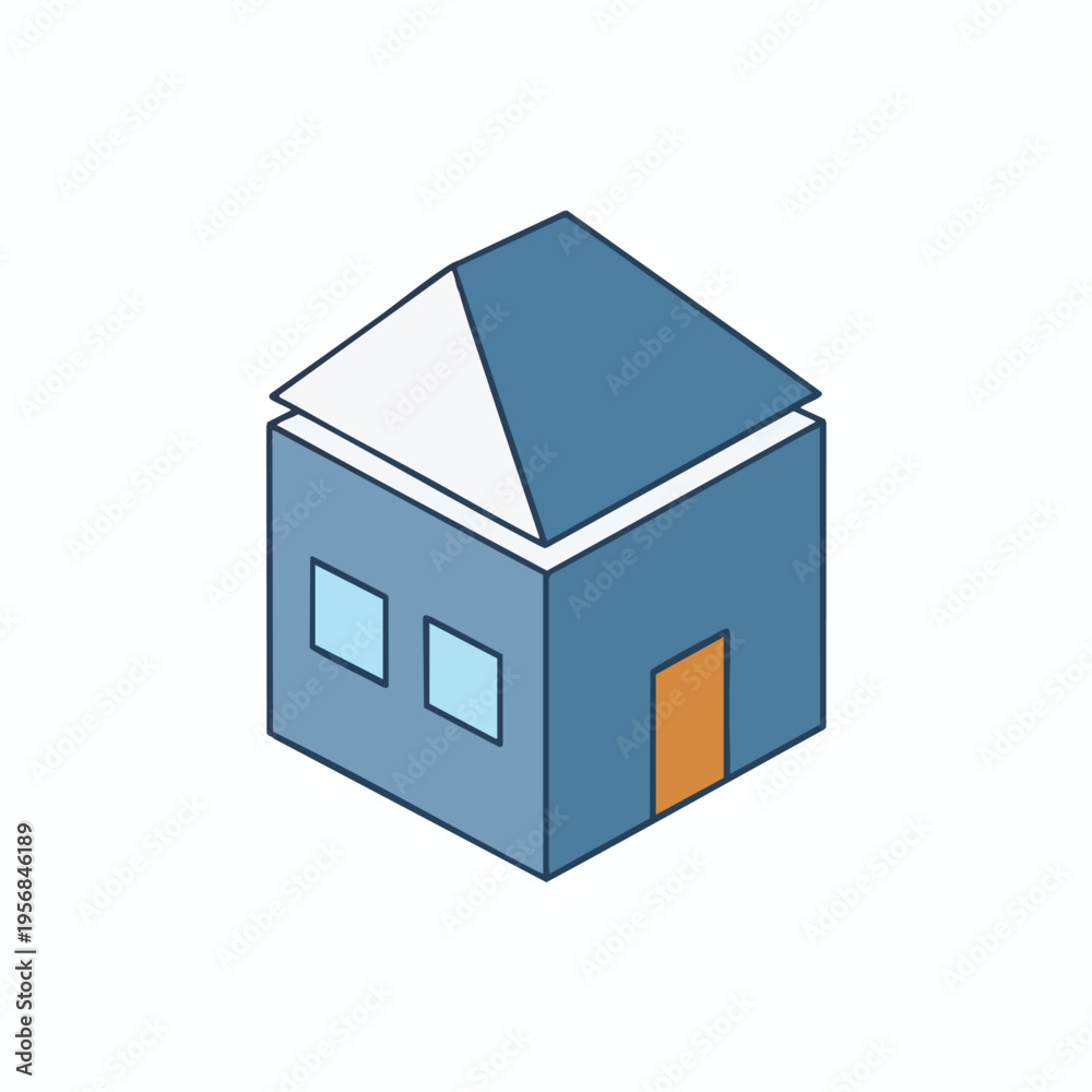 Obraz premium Stylized isometric house with blue walls and a slanted roof