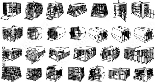 Pet Carrier Collection: Black and White Line Art Illustration of Animal Transport Cages