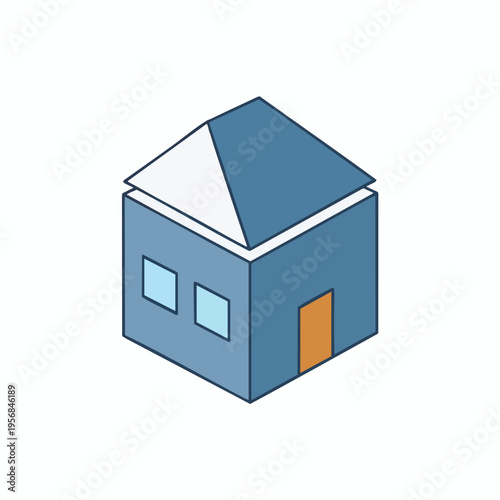 Stylized isometric house with blue walls and a slanted roof
