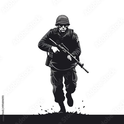 Dynamic black and white illustration of a determined soldier in action, advancing with a rifle, depicting a military operation