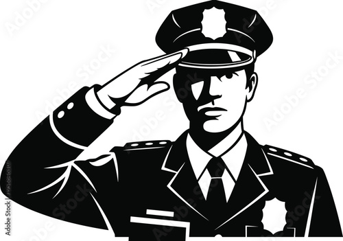 Black and white illustration of police officer saluting in uniform, law enforcement respect symbol, authority duty honor, security service illustration