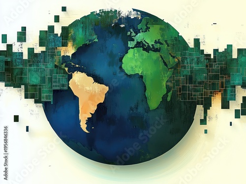 textured stylized earth globe with green continents and deep blue oceans, fragmented digital square mosaic stretching across the equator, evoking connectivity and optimistic futuristic energy