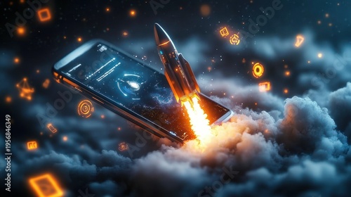 A rocket blasts off from a smartphone amid floating orange holographic icons above dark clouds, conveying a futuristic, exhilarating tech scene.