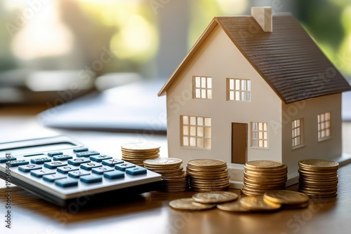 miniature house model with stacks of coins and a calculator on a desk, documents blurred in background, conveying financial planning and security