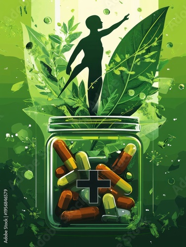 glass jar of herbal capsules with medical cross, oversized green leaves and a reaching human silhouette rising from foliage, conveying healing and hopeful rejuvenation