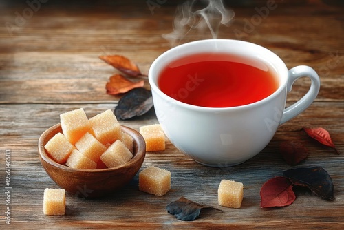 steaming cup of tea on a rustic wooden table with a bowl of sugar cubes and scattered autumn leaves, warm cozy inviting mood