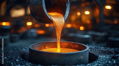 Glowing molten metal pouring from a ladle into a round mold in a dim industrial foundry, intense heat and fiery focused energy