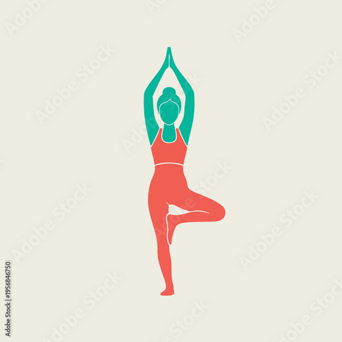 Silhouette of a woman in tree pose, arms raised in prayer, against a plain background