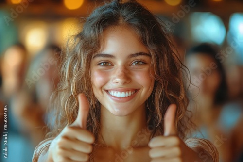 curly-haired person giving double thumbs up in a lively indoor crowd with warm bokeh lights and cheerful approving mood
