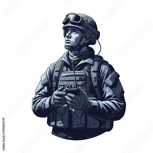 Vigilant Tactical Operative Vector Illustration with Communication Device and Protective Gear