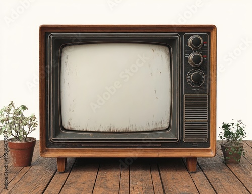 nostalgic vintage wooden cabinet television with blank aged screen flanked by two small potted plants on a worn wooden floor