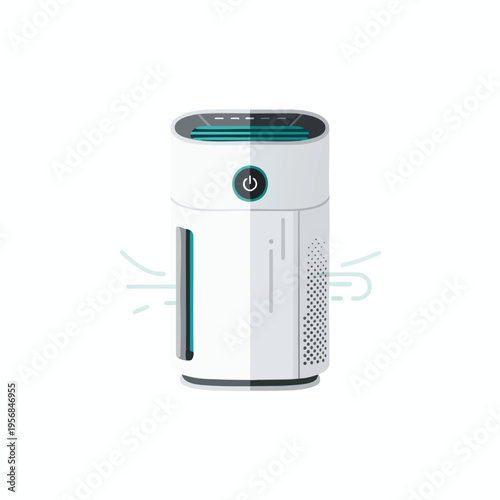Sleek white air purifier with teal accents and power button, emitting clean air