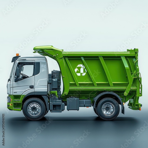 side view of a modern green recycling garbage truck with silver cab and recycling logo, conveying efficiency and environmental responsibility