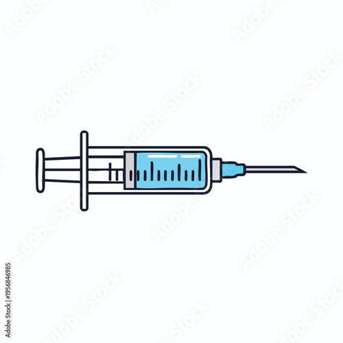 Medical syringe with blue liquid and needle, ready for injection