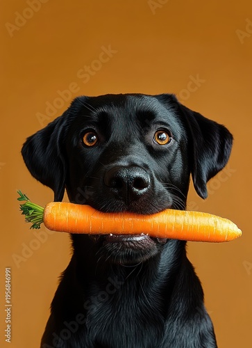 close-up portrait of a black dog holding a large carrot in its mouth, glossy coat and bright attentive eyes, playful and hopeful expression against warm brown background