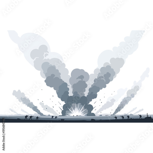 Intense Battlefield Explosion Illustration with Silhouetted Soldiers in a Smoky Warzone