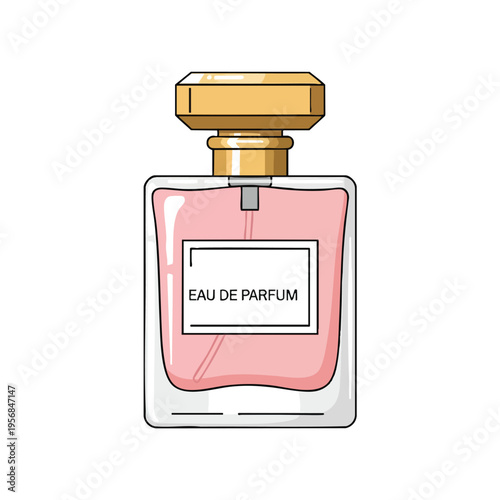 Rectangular glass bottle with pink liquid, gold cap, and "EAU DE PARFUM" label