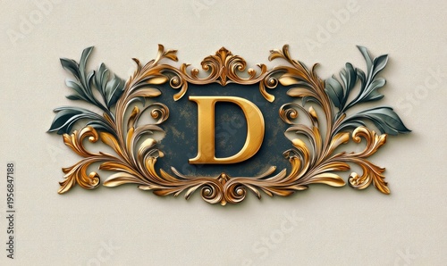 Ornate gold letter D centered on a dark plaque with curling scrollwork and leafy accents on a beige textured background, evoking luxury and elegance
