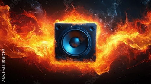 single blue speaker cone engulfed in roaring orange flames against a dark background, conveying intense energy, power and fiery sound