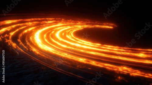 Curving glowing orange light trails arcing across a dark textured surface, intense energetic motion with fiery sparks and a futuristic dynamic feel