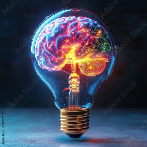 Glowing human brain suspended inside a glass light bulb with metal screw base, electric neural sparks and vibrant colors evoking wonder and inspiration