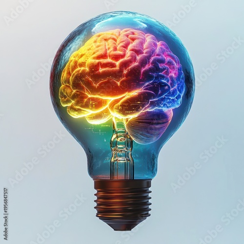 glowing multicolored brain inside a clear light bulb evoking creativity and inspiration