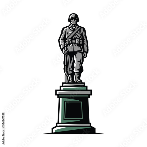 Stylized illustration of a standing soldier monument on a pedestal, commemorating military valor.