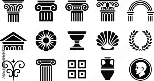 Classical architecture icons, Greek Roman design, Corinthian Ionic Doric columns, pediment arch, laurel wreath, amphora vase, rosette shell motif