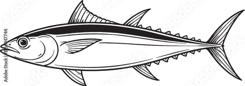 Tuna Fast Swimming Side View Clean Black And White Line Art Pelagic Fish Illustration.eps