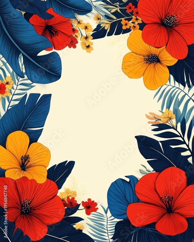vibrant tropical floral border with large red and yellow hibiscus, deep blue palm leaves and small yellow blossoms framing a creamy blank center, cheerful festive mood