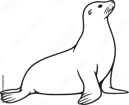 Sea Lion Sitting Upright Side View Black and White Line Art Marine Mammal Vector Illustration