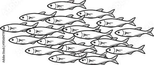School of fish group swimming line art marine fish outline vector illustration underwater fish swarm isolated on white