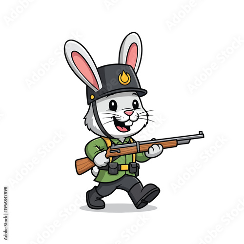 Cheerful cartoon rabbit soldier marching with rifle, a brave animal character illustration