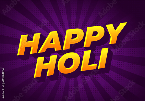 Bold yellow 3d text reading happy holi on a radiant purple burst background, comic style with long shadow