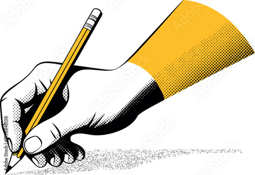 A detailed vintage-style illustration shows a hand gripped around a pencil, actively writing or drawing. 