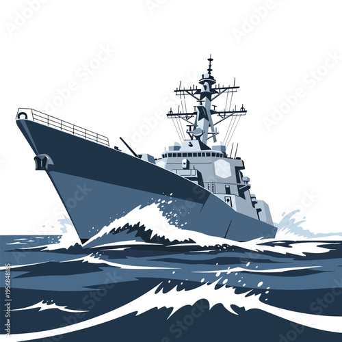 Dynamic vector illustration of a modern naval warship sailing through choppy ocean waters, viewed from the bow
