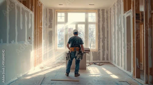 Construction worker in hard hat and tool belt stands in sunlit unfinished room with drywall, exposed studs and window holding plans, contemplative and hopeful atmosphere