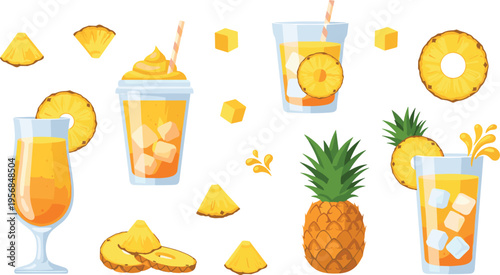 Pineapple Drink Collection with Fresh Pineapple Slices, Ice Cubes, Smoothies, and Refreshing Beverages for Summer and Tropical Drinks