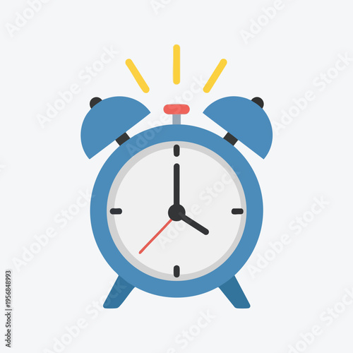 A blue, vintage-style alarm clock with yellow sound lines radiating