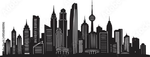 Black and white city skyline with tall buildings illustration