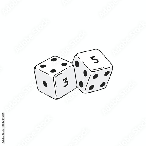Two white dice, one showing 3 and the other 5, on a white background