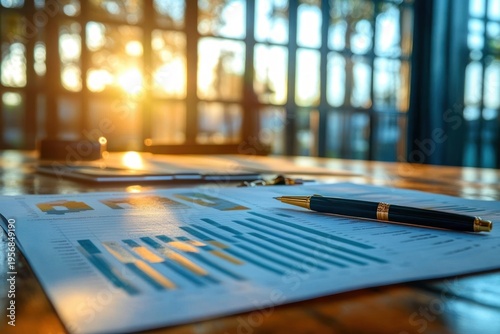 sunlit office desk with business charts and pen on report, laptop and clipboard blurred in warm morning light conveying focus and calm productivity