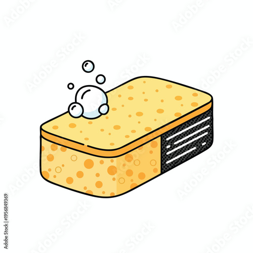Rectangular yellow sponge with orange circles, bubbles, and abrasive side
