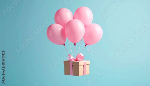A happy pink gift box with a red ribbon surprise is surrounded by heart shaped helium balloons for a festive birthday celebration or Valentine holiday party illustration