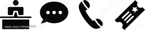 Communication icons, office work, chat bubble, phone handset, event ticket, customer service, digital interaction, business support, online messaging, entertainment access