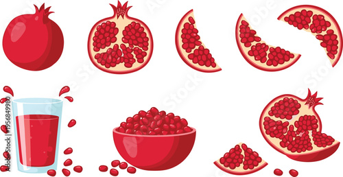 Pomegranate Fruit with Fresh Seeds, Pomegranate Juice, and Sliced Segments for Healthy and Refreshing Food Illustrations