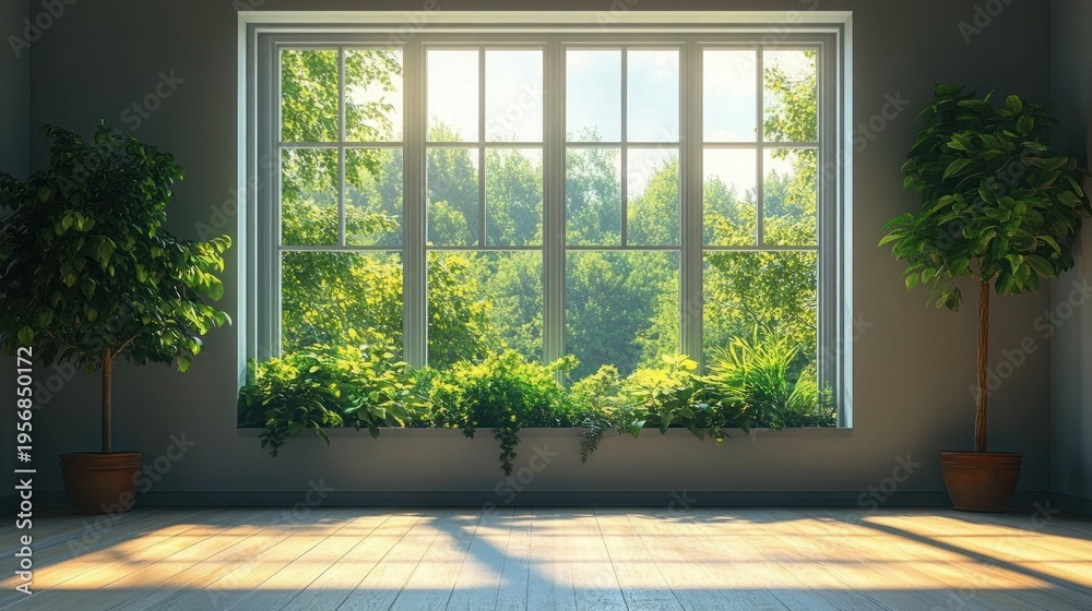 Fototapeta premium sunlit room with large paned window, lush green trees outside, indoor potted trees and windowsill plants on a wooden floor creating a calm peaceful atmosphere
