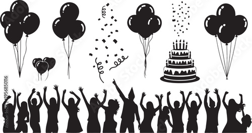 Silhouette of people celebrating a birthday with balloons and cake