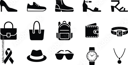 Fashion silhouette icons, footwear, handbags, accessories, stylish vector set, trendy fashion clipart, retail design, modern fashion graphics, illustration
