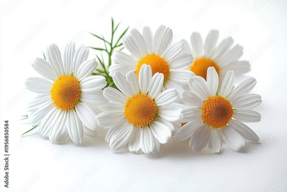 Obraz premium Five white daisies with golden centers and feathery green foliage on a bright white background conveying freshness and serenity